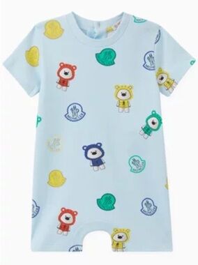 MONCLER ENFANT Logo & Mascot Print Romper in Stretch Interlock Cotton SZ 6/9 Mo